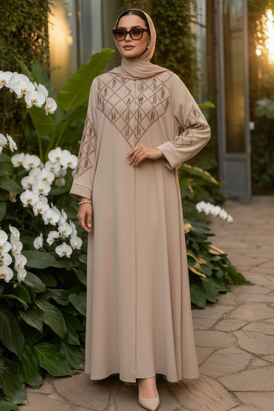 Neva Style V Embroidery Detailed Belted Beige Hijab Robe 29146Bej