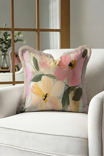 Evimde Bambaşka Çiçek Pastel Floral Saçaklı Yastık Kılıfı-Sanatsal Botanik Pe...