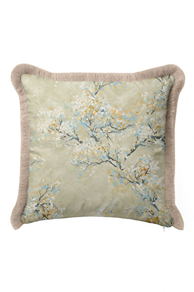 Evimde Bambaşka Floral Branch Patterned Elegant Fringed Pillowcase-Natural Sp...