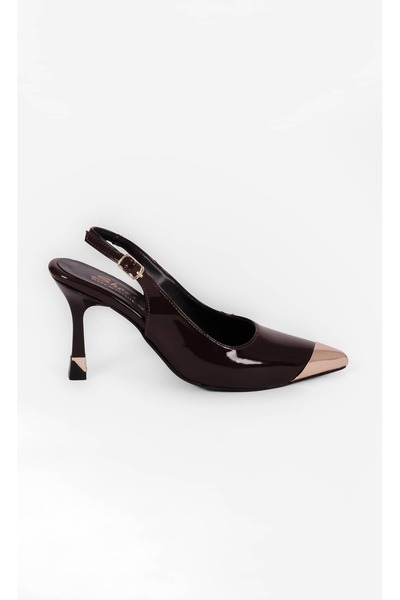 Metalik Burun Detaylı Rugan Slingback Kadın Topuklu Ayakkabı