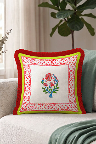 Evimde Bambaşka Patterned Floral Motif Fringed Pillowcase-Automatic Floral Bo...