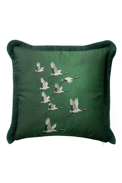 Evimde Bambaşka Elegant Fringed Pillowcase with Bird Pattern - Bohemian Green...