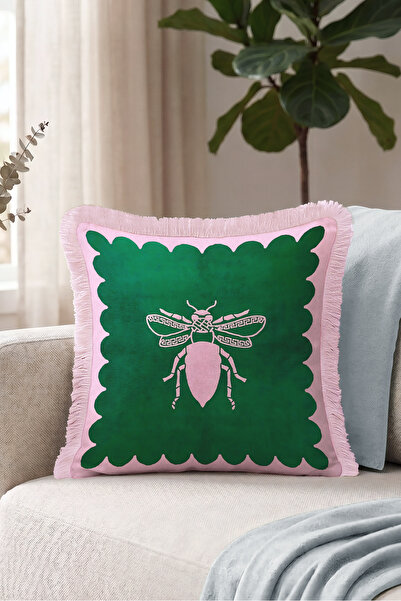 Evimde Bambaşka Decorative Fringed Pillowcase with Bee Figure - Eclectic Inse...