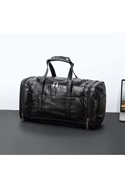 1way Black Leather Multi-Pocket Travel Bag