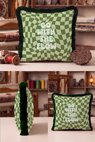 Evimde Bambaşka Retro Wavy Geometric Square Fringed Pillowcase-Groovy Motto B...