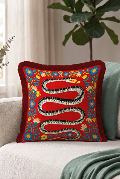 Evimde Bambaşka Exotic Snake Floral Bohemian Fringe Pillowcase - Folk Botanic...