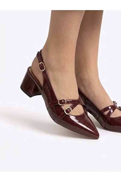 asmi shoes Women's Jela Burgundy Patent Leather 4 cm Short Heeled Buckle Shoes