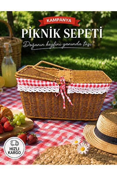 Pembelia Life Hasır Kare Piknik Sepeti Bambu Sepet Kapaklı Nostarjik Pötikare...