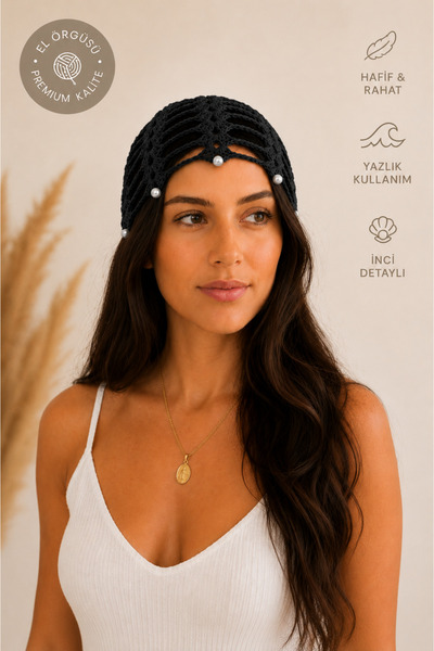 FİYPER Black Mesh Beret Women's Hand Knitted Pearl Detailed Summer Bohemian H...