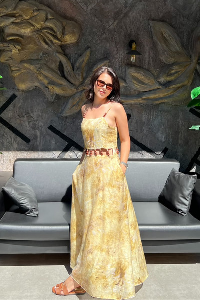 sunfyre Women's Yellow Beaded Accessory Strap Chiffon Dress Sun404