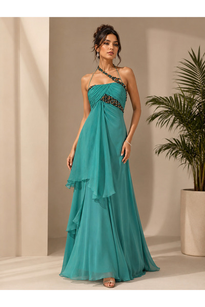 ASIAN Turquoise Dress Luxurious Evening Gown Made of Soft Chiffon Fabric, Ava...
