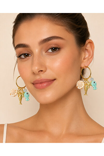 synshop Gold Color Hoop Earrings with Shell, Starfish and Fish Figures, Dangl...