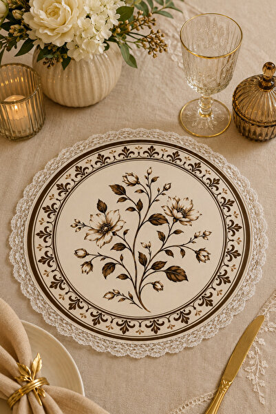 ALAMODECOR Καφέ λουλουδάτο σετ αμερικάνικου σερβιρίσματος με δαντέλα από τούλ...