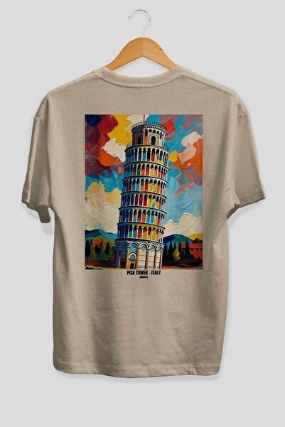 Ankhises Πύργος της Πίζας Ιταλία Μπεζ Oversize Country City T-shirt με στάμπα...