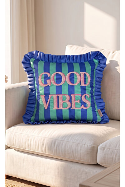 BUGİ HOME COLLECTİON Good Vibes Printed Suede Ruffled Pillow Cushion Cover wi...