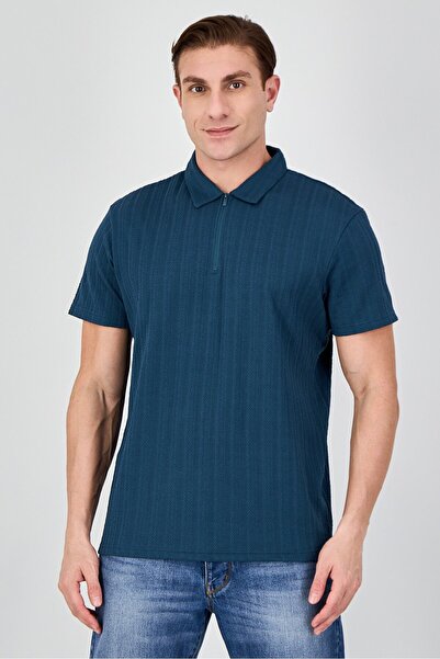Bruno Milano Men Stretch Fit Textured Short Sleeve Polo Shirt, Teal Green