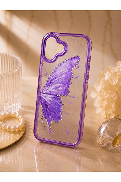 botyco Iphone 17 (6.3 inç) Uyumlu Simli Şeffaf Kelebek Desenli Renk Geçişli İ...