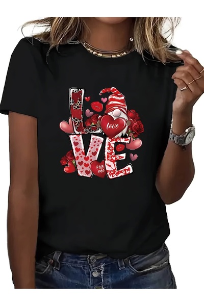 212Wear Valentine'S Day Heart Pattern Women'S T-Shirt - Festive Red Black Fea...