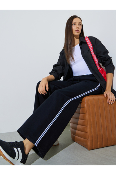 Styli Black Wide Leg Denim Jogger With Side Taping Detail