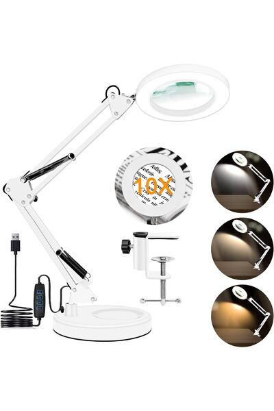 Arabest 10X Magnifying Glass with Light and Stand,Hands-Free Magnifier,3 Colo...
