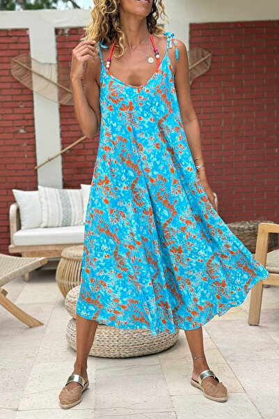 Güneşkızı Turquoise Strap Floral Cotton A-Form Fit Woven Dress 110 70