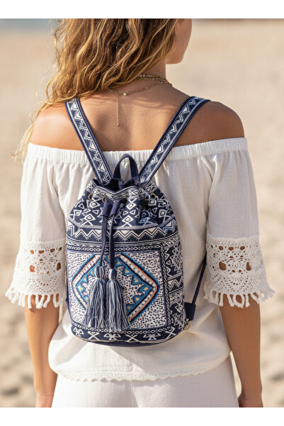 MILANO COLLECTION Rucsac Boho Bleumarin, medalion brodat manual, geanta de plaja