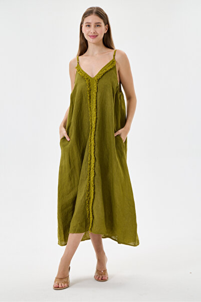 della moor Olive Green Italian 100% Linen Tassel Detailed Adjustable Shoulder...