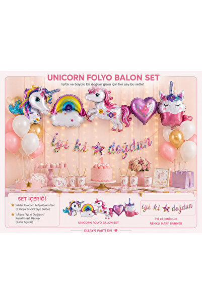 Dizayn Parti Evi Unicorn Folyo Balon Seti ve Happy Birthday / İYiki Doğdun Re...