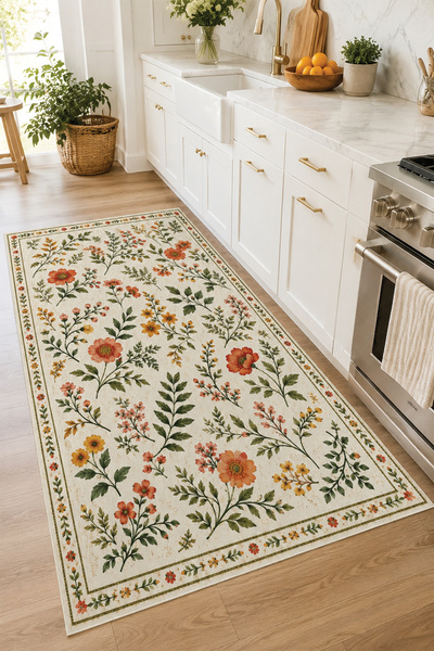 HALISHOP Flower Kaymaz Taban Makinede Yıkanabilir Dijital Baskılı Şönil Kilim...