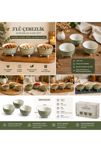 Velorahomee 3-Piece Ceramic Snack Bowl Presentation Set |   Footed Mezelik, S...