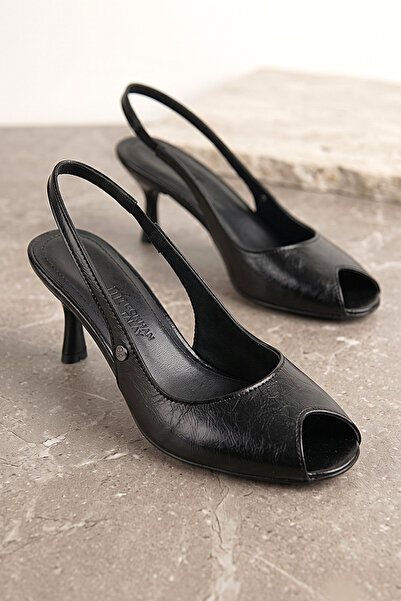 Lady Sunna Calverar (4/6 cm) Siyah Rugan Arkası Açık Peep Toe Kadın Topuklu Ayakkabı