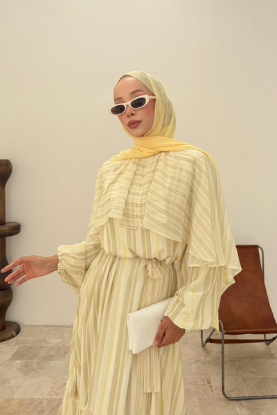 fushya design Pelerin Yaka Detaylı Çizgi Desenli Elbise
