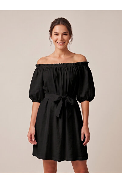 gökçesu Women's Linen Look Madonna Collar Tie-Waist Tiril Tiril Summer Dress