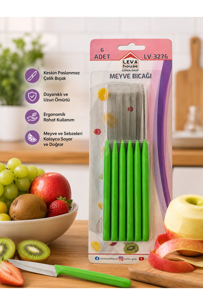 nnevora 6'lı Meyve Bıçağı Seti Paslanmaz Çelik Keskin Bıçak Yeşil Ergonomik S...