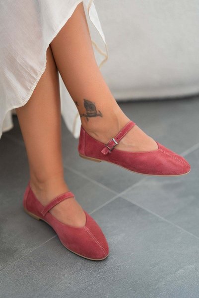 Parponi Will Belted Round Toe Genuine Suede Leather Ballerinas Dusty Rose