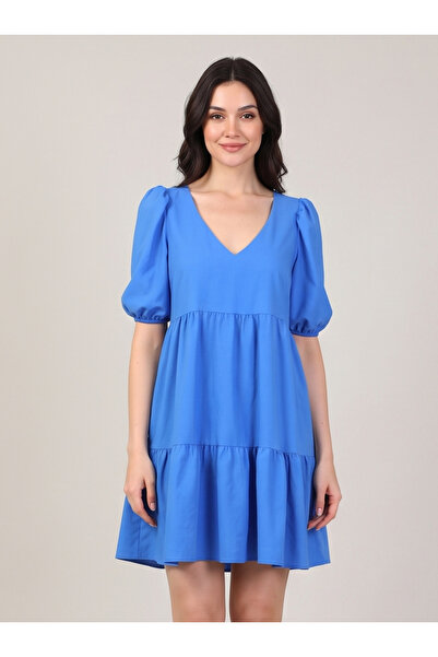 gökçesu Women's V-Neck Watermelon Sleeve Layered Casual Summer Dress
