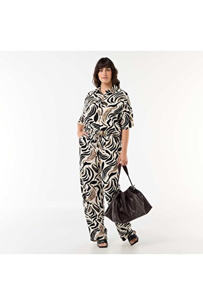KIABI Plain Blended Linen Trousers BLACK