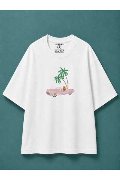 SURA Palmiye ve Retro Araba Leopar Baskılı Kadın T-shirt