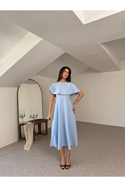 maf collection Women's Blue Square Collar Thick Strap Crepe Fabric Backless C...