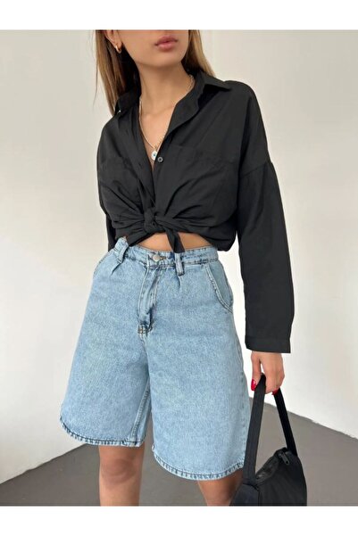 nido moda Kadın Yüksek Bel Geniş Paça Denim Şort