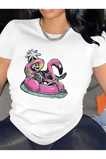 Astogria13 cotton Short Sleeve T-Shirt with Fun Skeleton Flamingo Print, Idea...