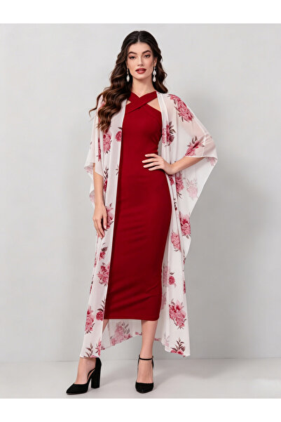 Take Two By Styli Black Halter Neck Maxi Dress And Printed Kimono Co-Ord Set