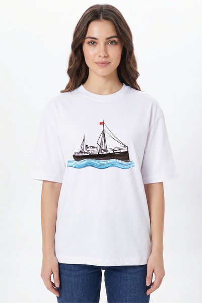 giftcrea Bandırma Vapuru Printed White Crew Neck T-Shirt Oversize - 100% Cotton Unisex