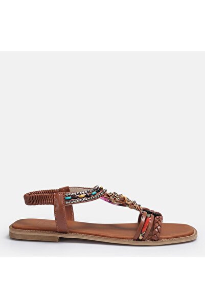37Numara Large Size Women's Tan Knitted Strappy Ethnic Beaded Elastic Sandals...