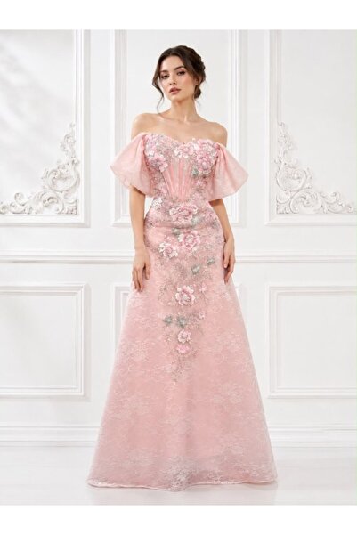 ranin Light Pink Evening Dress with Gipon Embroidery and Lace Kloş