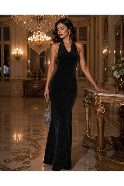 Budan Export Women's Black Glittery Halter Neck Backless Bodycon Evening Dres...