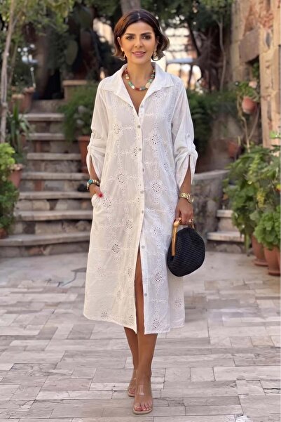Nevin Kaya Moda White Sequined Floral Italian Dress