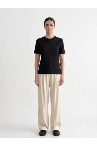 TrendAllStore Black Basic Model T-Shirt with Sleeve Collar Detail