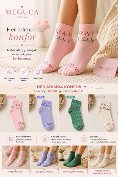 Meguca Socks 4 Çift Kadın Renkli Bambu Kalp Ritmi Desenli Çorap Seti