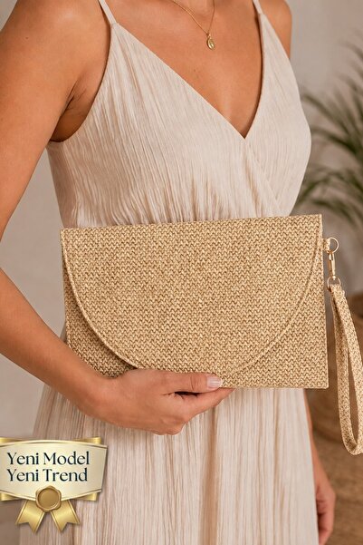 Classbag Γυναικεία Κρεμ Ψάθινη Τσάντα Clutch με Κομψό Μοντέλο Φακέλου, Μεσαίο...